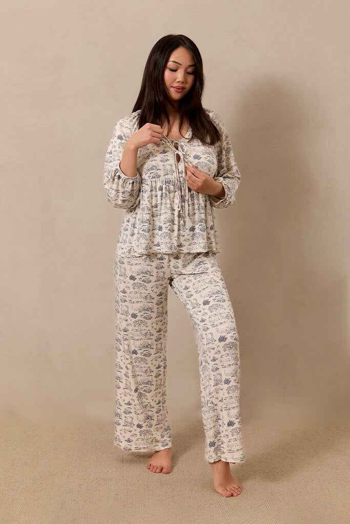 Bleu Toile Tie-Top Long-Sleeve Women's Sleep Set