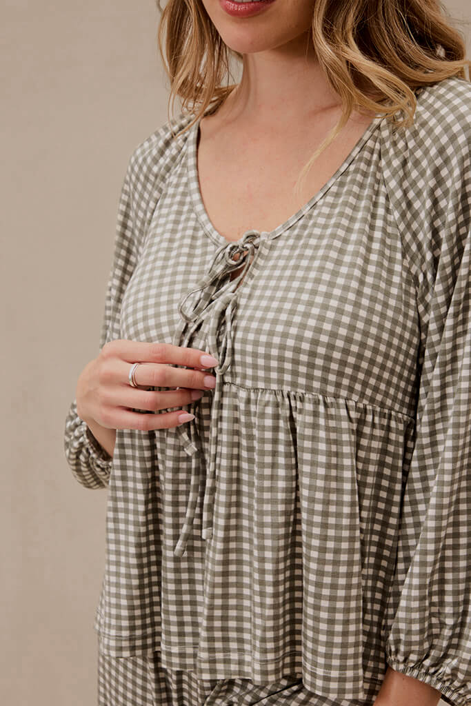 Green Gingham Tie-Top Long-Sleeve Women's Sleep Set - Image 4