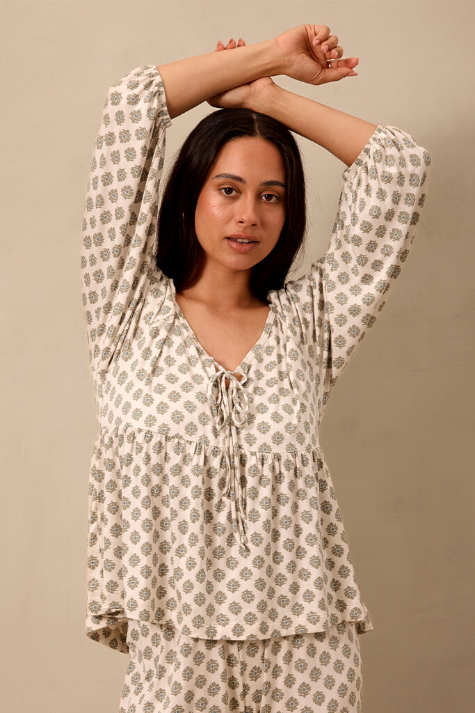 Thistle Block Tie-Top Long-Sleeve Women's Sleep Sets - Image 3